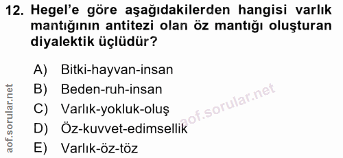 12. soru: Hegel'e göre aşağıdakilerden hangisi varlık mantığının antitezi olan öz mantığı oluşturan diyalektik üçlüdür? A) Bitk…