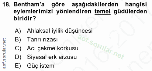 18. soru: Bentham'a göre aşağıdakilerden hangisi eylemlerimizi yönlendiren temel güdülerden biridir? A) Ahlaksal iyilik düşünce…