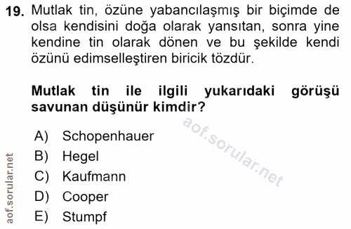 19. soru: Mutlak tin, özüne yabancılaşmış bir biçimde de olsa kendisini doğa olarak yansıtan, sonra yıne kendine tin olarak dön…