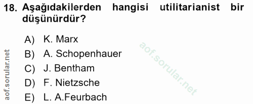 18. soru: Aşağıdakilerden hangisi utilitarianist bir düşünürdür? A) K. Marx B) A. Schopenhauer C) J. Bentham D) F. Nietzsche E)…