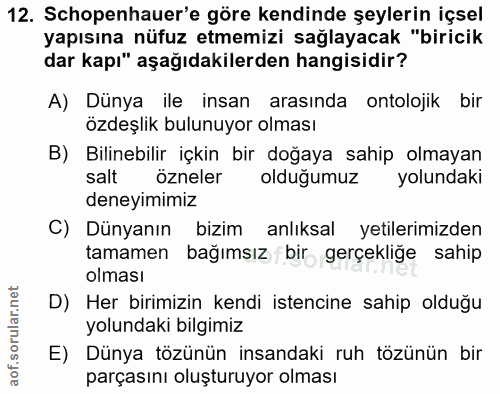 12. soru: Schopenhauer'e göre kendinde şeylerin içsel yapısına nüfuz etmemizi sağlayacak "biricik dar kapı" aşağıdakilerden han…