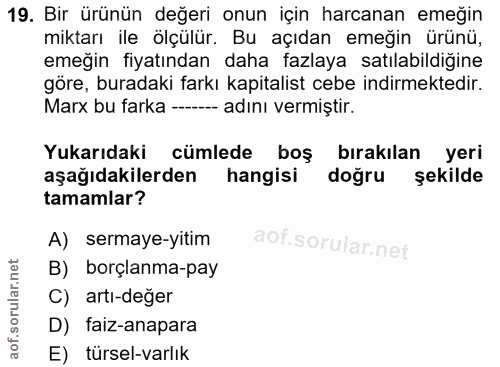 19. soru: Bir ürünün değeri onun için harcanan emeğin miktarı ile ölçülür. Bu açıdan emeğin ürünü, emeğin fiyatından daha fazla…