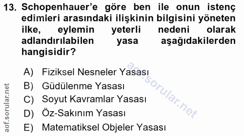 13. soru: Schopenhauer'e göre ben ile onun istenç edimleri arasındaki ilişkinin bilgisini yöneten ilke, eylemin yeterli nedeni…