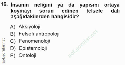 16. soru: İnsanın neliğini ya da yapısını ortaya koymayı sorun edinen felsefe dalı aşağıdakilerden hangisidir? A) Aksiyoloji B)…