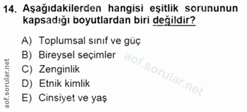 14. soru: Aşağıdakilerden hangisi eşitlik sorununun kapsadığı boyutlardan biri değildir? A) Toplumsal sınıf ve güç B) Bireysel…