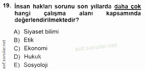 19. soru: İnsan hakları sorunu son yıllarda daha çok hangi çalışma alanı kapsamında değerlendirilmektedir? A) Siyaset bilimi B)…