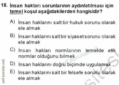 18. soru: İnsan hakları sorunlarının aydınlatılması için temel koşul aşağıdakilerden hangisidir? A) İnsan haklarını salt bir hu…
