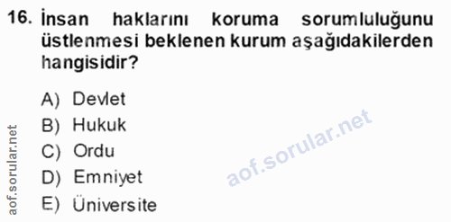 16. soru: İnsan haklarını koruma sorumluluğunu üstlenmesi beklenen kurum aşağıdakilerden hangisidir? A) Devlet B) Hukuk C) Ordu…
