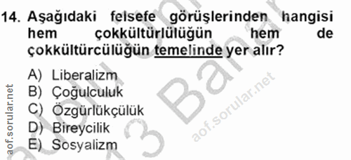 14. soru: Aşağıdaki felsefe görüşlerinden hangisi hem çokkültürlülüğün hem de çokkültürcülügün temelinde yer alır? A) Liberaliz…
