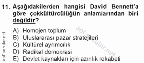 11. soru: Aşağıdakilerden hangisi David Bennett'a göre çokkültürcülügün anlamlarından biri değildir? A) Homojen toplum B) Ulusl…