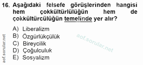 16. soru: Aşağıdaki felsefe görüşlerinden hangisi hem çokkültürlülüğün hem de çokkültürcülüğün temelinde yer alır? A) Liberaliz…