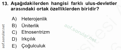 13. soru: Aşağıdakilerden hangisi farklı ulus-devletler arasındaki ortak özelliklerden biridir? A) Heterojenlik B) Üniterlik C)…