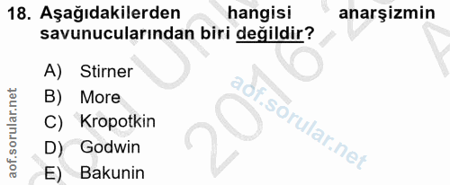 18. soru: Aşağıdakilerden hangisi anarşizmin savunucularından biri değildir? A) Stirner B) More C) Kropotkin D) Godwin E) Bakunin