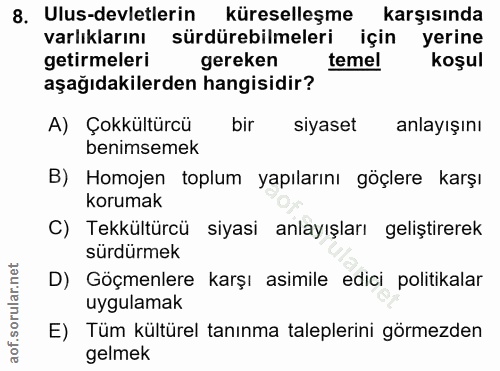 8. soru: Ulus-devletlerin küreselleşme karşısında varlıklarını sürdürebilmeleri için yerine getirmeleri gereken temel koşul aş…