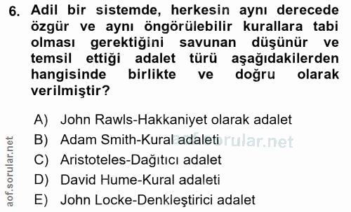 6. soru: Adil bir sistemde, herkesin aynı derecede özgür ve aynı öngörülebilir kurallara tabi olması gerektiğini savunan düşün…