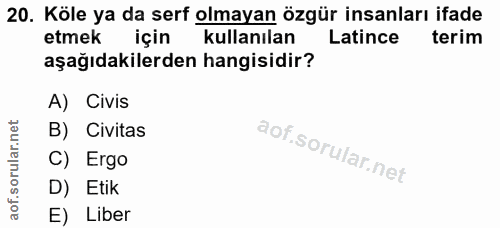 20. soru: Köle ya da serf olmayan özgür insanları ifade etmek için kullanılan Latince terim aşağıdakilerden hangisidir? A) Civi…