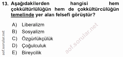 13. soru: Aşağıdakilerden hangisi hem çokkültürlülüğün hem de çokkültürcülüğün temelinde yer alan felsefi görüştür? A) Liberali…