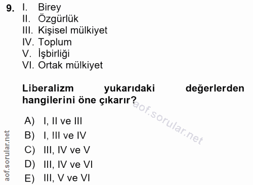 9. soru: 1. Birey II. Özgürlük III. Kişisel mülkiyet IV. Toplum V. İşbirliği VI. Ortak mülkiyet Liberalizm yukarıdaki değerler…