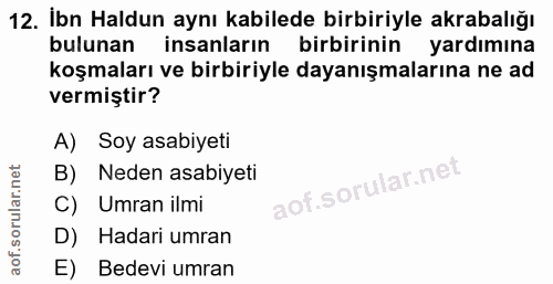12. soru: İbn Haldun aynı kabilede birbiriyle akrabalığı bulunan insanların birbirinin yardımına koşmaları ve birbiriyle dayanı…