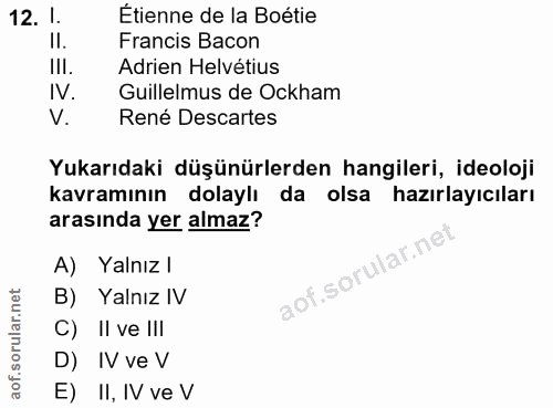 12. soru: 1. Étienne de la Boétie II. Francis Bacon III. Adrien Helvétius IV. Guillelmus de Ockham V. René Descartes Yukarıdaki…