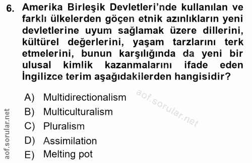 6. soru: Amerika Birleşik Devletleri'nde kullanılan ve farklı ülkelerden göçen etnik azınlıkların yeni devletlerine uyum sağla…