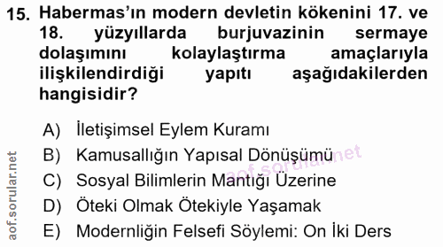 15. soru: Habermas'ın modern devletin kökenini 17. ve 18. yüzyıllarda burjuvazinin sermaye dolaşımını kolaylaştırma amaçlarıyla…