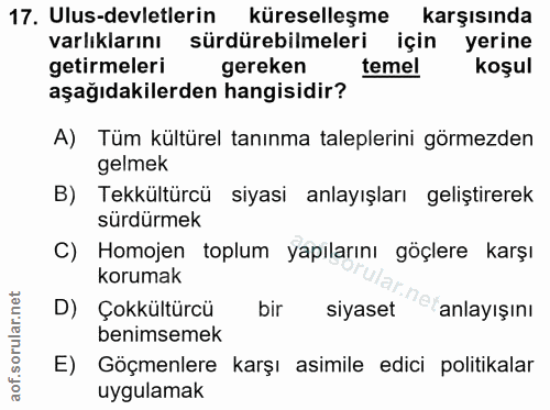 17. soru: Ulus-devletlerin küreselleşme karşısında varlıklarını sürdürebilmeleri için yerine getirmeleri gereken temel koşul aş…