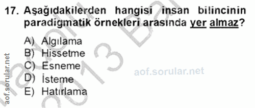 17. soru: Aşağıdakilerden hangisi /insan bilincinin paradigmatik örnekleri arasinda yer almaz? A) Algılama B) Hissetme C) Esnem…