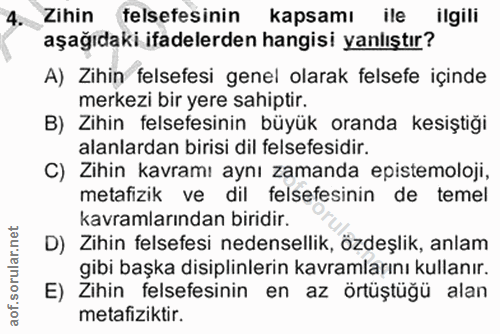 4. soru: Zihin felsefesinin kapsamı ile ilgili aşağıdaki ifadelerden hangisi yanlıştır? A) Zihin felsefesi genel olarak felsef…