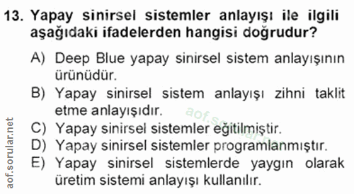 13. soru: Yapay sinirsel sistemler anlayışı ile ilgili aşağıdaki ifadelerden hangisi doğrudur? A) Deep Blue yapay sinirsel sist…