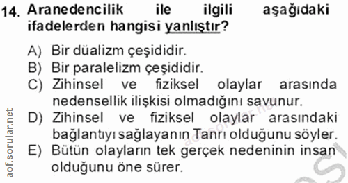 14. soru: Aranedencilik ile ilgili aşağıdaki ifadelerden hangisi yanlıştır? A) Bir düalizm çeşididir. B) Bir paralelizm çeşidid…