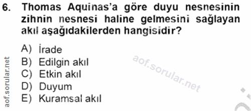 6. soru: Thomas Aquinas'a göre duyu nesnesinin zihnin nesnesi haline gelmesini sağlayan akıl aşağıdakilerden hangisidir? A) ir…