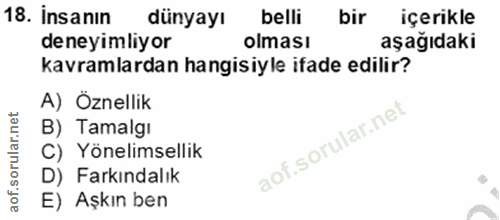 18. soru: Insanın dünyayı belli bir içerikle deneyimliyor olması aşağıdaki kavramlardan hangisiyle ifade edilir? A) Öznellik B)…