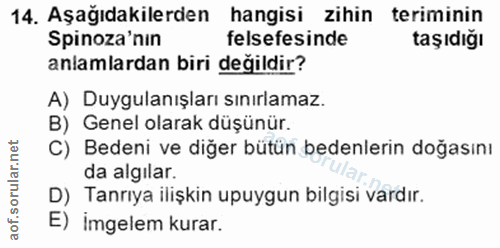 14. soru: Aşağıdakilerden hangisi zihin teriminin Spinoza'nın felsefesinde taşıdığı anlamlardan biri değildir? A) Duygulanışlar…