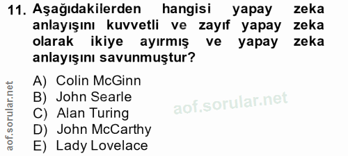 11. soru: Aşağıdakilerden hangisi yapay zeka anlayışını kuvvetli ve zayıf yapay zeka olarak ikiye ayırmış ve yapay zeka anlayış…