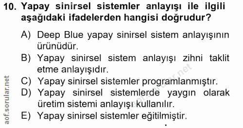 10. soru: Yapay sinirsel sistemler anlayışı ile ilgili aşağıdaki ifadelerden hangisi doğrudur? A) Deep Blue yapay sinirsel sist…