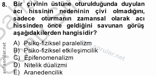 8. soru: Bir çivinin üstüne oturulduğunda duyulan acı hissinin nedeninin çivi olmadığını, sadece oturmanın zamansal olarak acı…