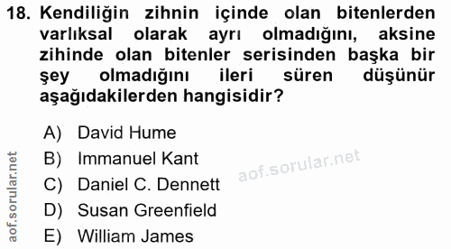 18. soru: Kendiliğin zihnin içinde olan bitenlerden varlıksal olarak ayrı olmadığını, aksine zihinde olan bitenler serisinden b…