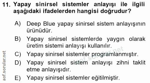 11. soru: Yapay sinirsel sistemler anlayışı ile ilgili aşağıdaki ifadelerden hangisi doğrudur? A) Deep Blue yapay sinirsel sist…