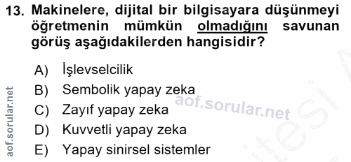 13. soru: Makinelere, dijital bir bilgisayara düşünmeyi öğretmenin mümkün olmadığını savunan görüş aşağıdakilerden hangisidir?…