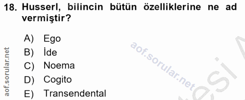 18. soru: Husserl, bilincin bütün özelliklerine ne ad vermiştir? A) Ego B) Ide C) Noema (1 D) Cogito E) Transendental