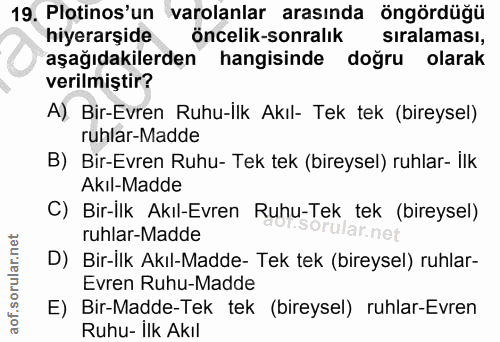 19. soru: Plotinos'un varolanlar arasında öngördüğü hiyerarşide öncelik-sonralık sıralaması, aşağıdakilerden hangisinde doğru o…