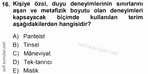 16. soru: Kişiye özel, duyu deneyimlerinin sınırlarını aşan ve metafizik boyutu olan deneyimleri kapsayacak biçimde kullanılan…