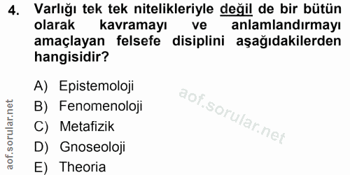 4. soru: Varlığı tek tek nitelikleriyle değil de bir bütün olarak kavramayı ve anlamlandırmayı amaçlayan felsefe disiplini aşa…
