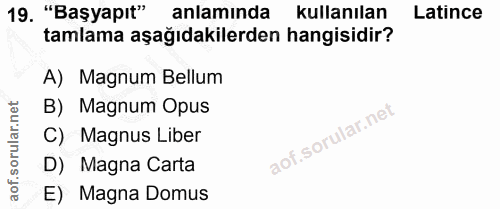 19. soru: "Başyapıt" anlamında kullanılan Latince tamlama aşağıdakilerden hangisidir? A) Magnum Bellum B) Magnum Opus C) Magnus…