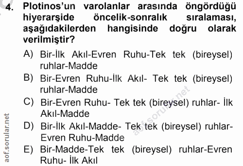 4. soru: Plotinos'un varolanlar arasında öngördüğü hiyerarşide öncelik-sonralik sıralaması, aşağıdakilerden hangisinde doğru o…
