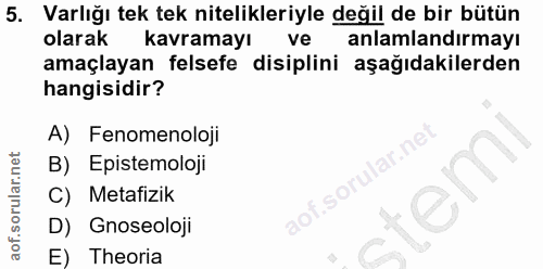 5. soru: Varlığı tek tek nitelikleriyle değil de bir bütün olarak kavramayı ve anlamlandırmayı amaçlayan felsefe disiplini aşa…