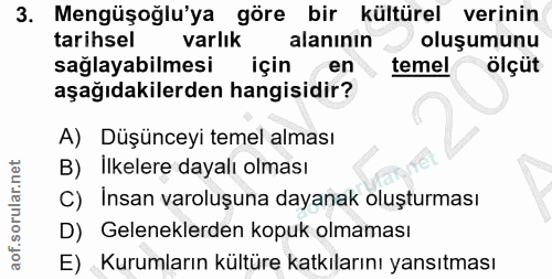 3. soru: Mengüşoğlu'ya göre bir kültürel verinin tarihsel varlık alanının oluşumunu sağlayabilmesi için en temel ölçüt aşağıda…