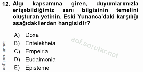 12. soru: Algi kapsamına giren, duyumlarımızla erişebildiğimiz sanı bilgisinin temelini oluşturan yetinin, Eski Yunanca'daki ka…