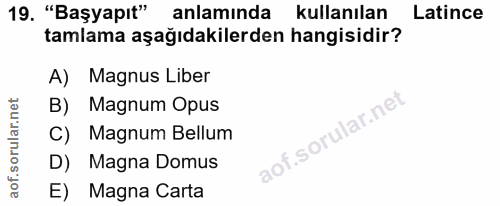 19. soru: "Başyapıt" anlaminda kullanılan Latince tamlama aşağıdakilerden hangisidir? A) Magnus Liber B) Magnum Opus C) Magnum…